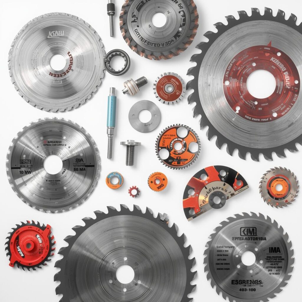 Accueil high quality circular saw blades, cutting discs, and cutting accessories arranged on a clean white background – professional product showcase, sharp and metallic textures (1)