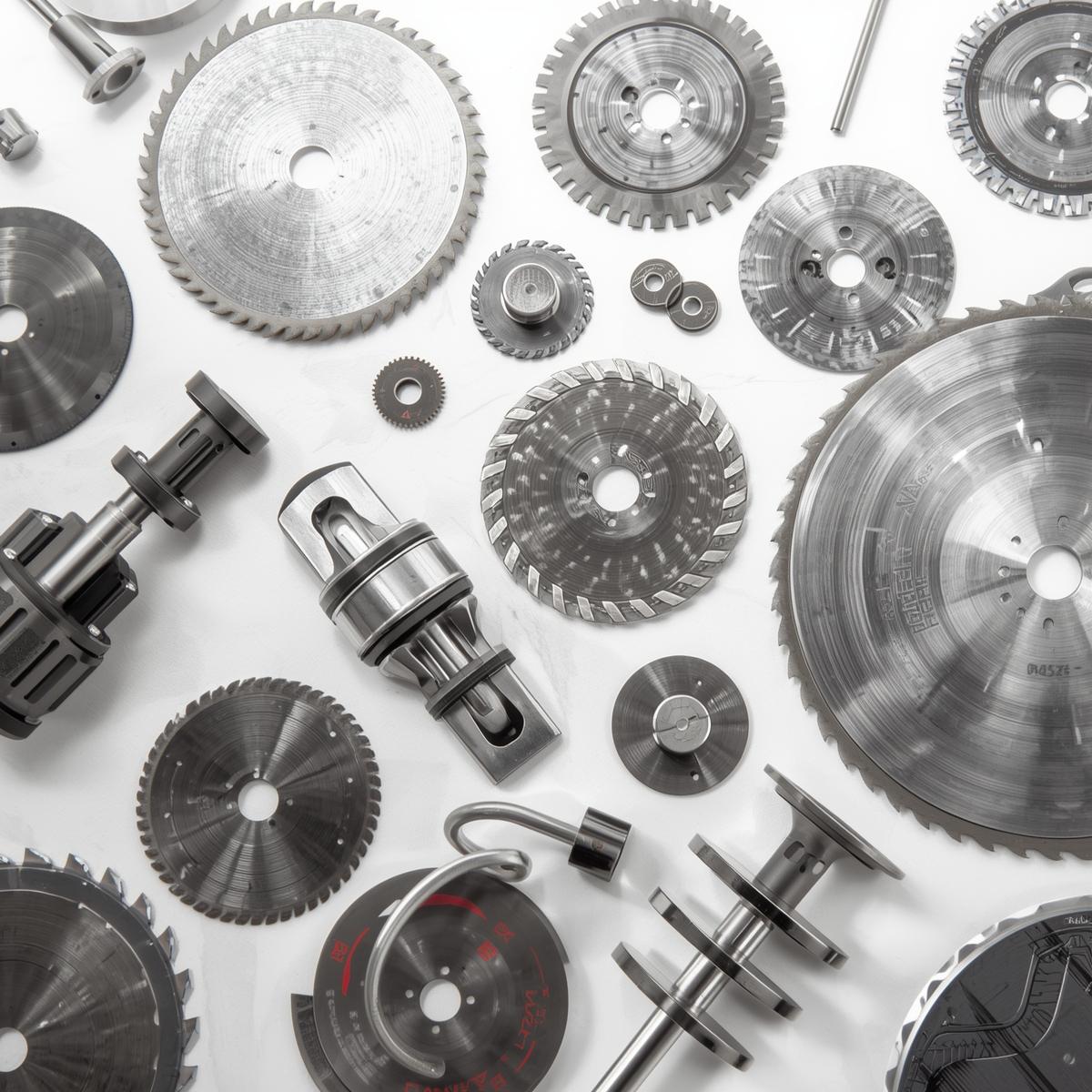 high quality circular saw blades, cutting discs, and cutting accessories arranged on a clean white background – professional product showcase, sharp and metallic textures (2)