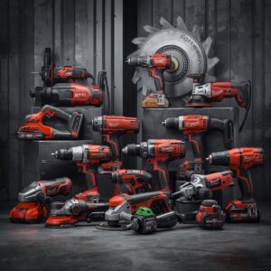 Accueil power tools like drills, saws, sanders, and grinders – professional product display in a workshop setting, modern and powerful look