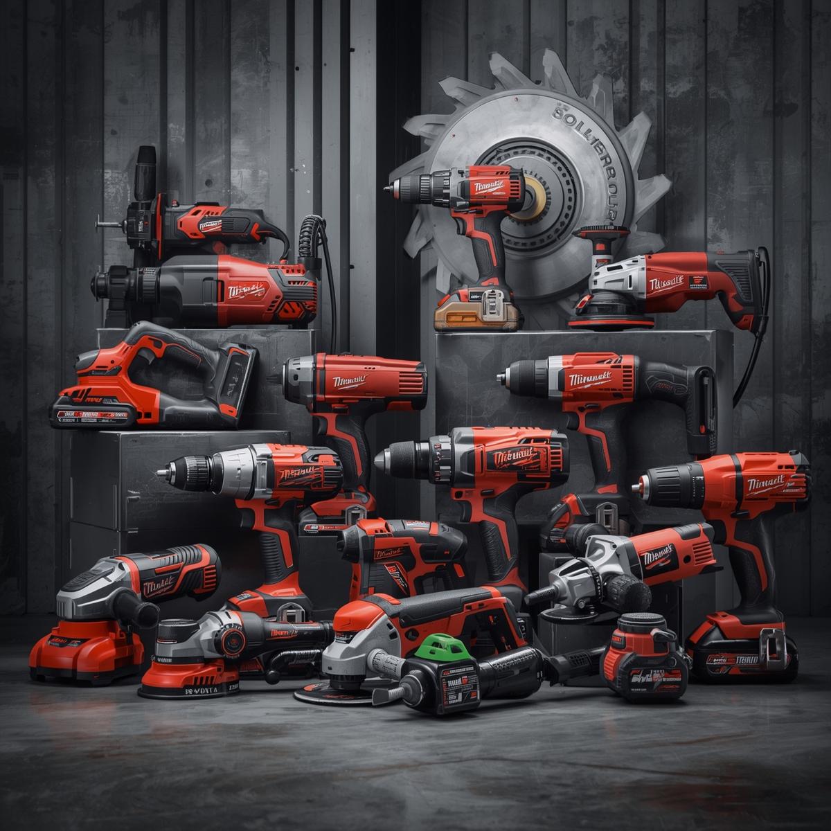 Accueil power tools like drills, saws, sanders, and grinders – professional product display in a workshop setting, modern and powerful look