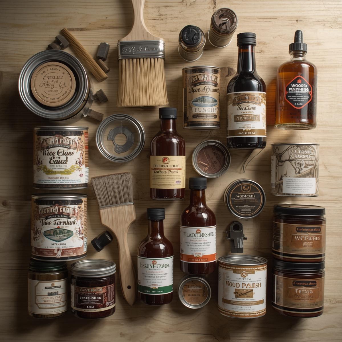 Accueil wood finishing products including varnish cans, paint brushes, oils, and polish – neatly arranged on a wooden surface with a clean, professional look